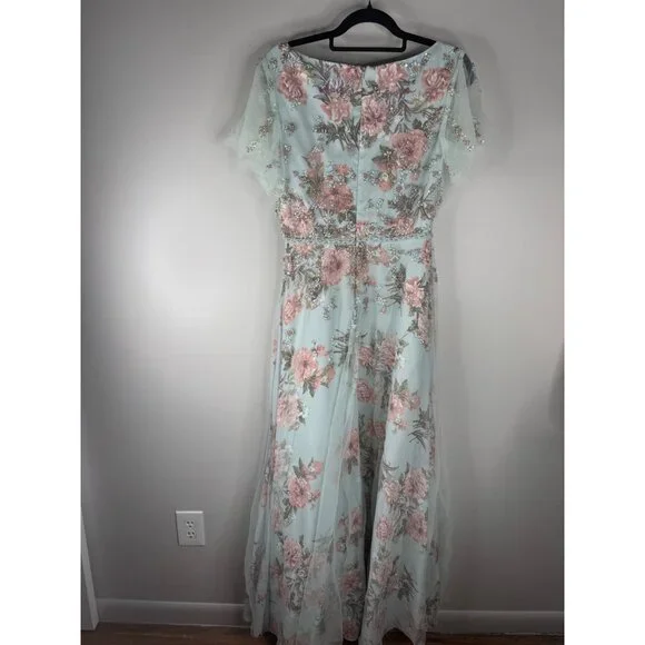 MAC DUGGAL Floral Flutter Sleeve V Neck Maxi Dress Size 8 #70125 Blue Green Pink - Picture 6 of 8